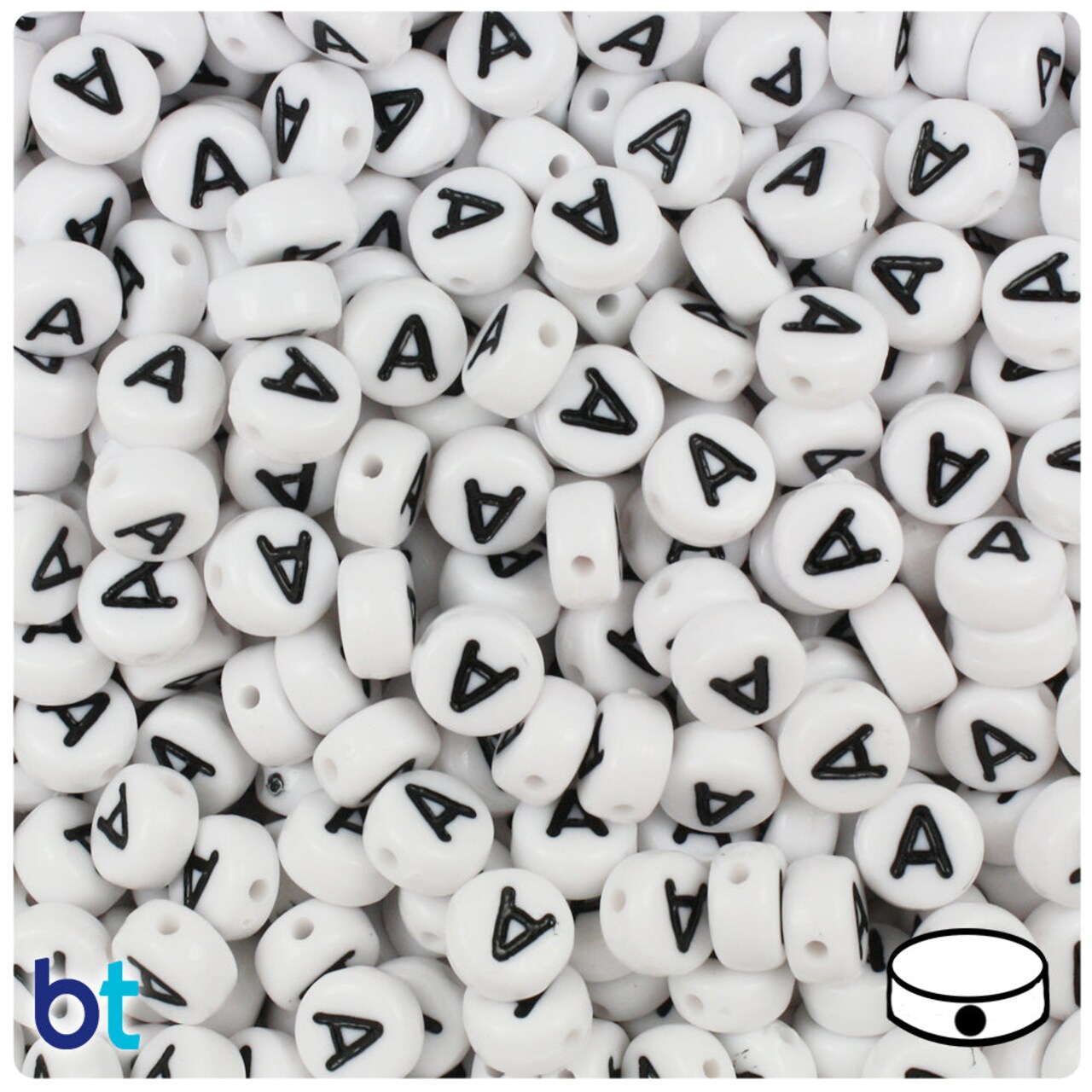 BeadTin White Opaque 7mm Coin Plastic Alpha Beads - Black Letter A (100pcs)